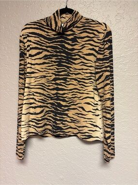 St John- Tiger-Stripe Turtleneck Long-Sleeve Top - Black & Tan